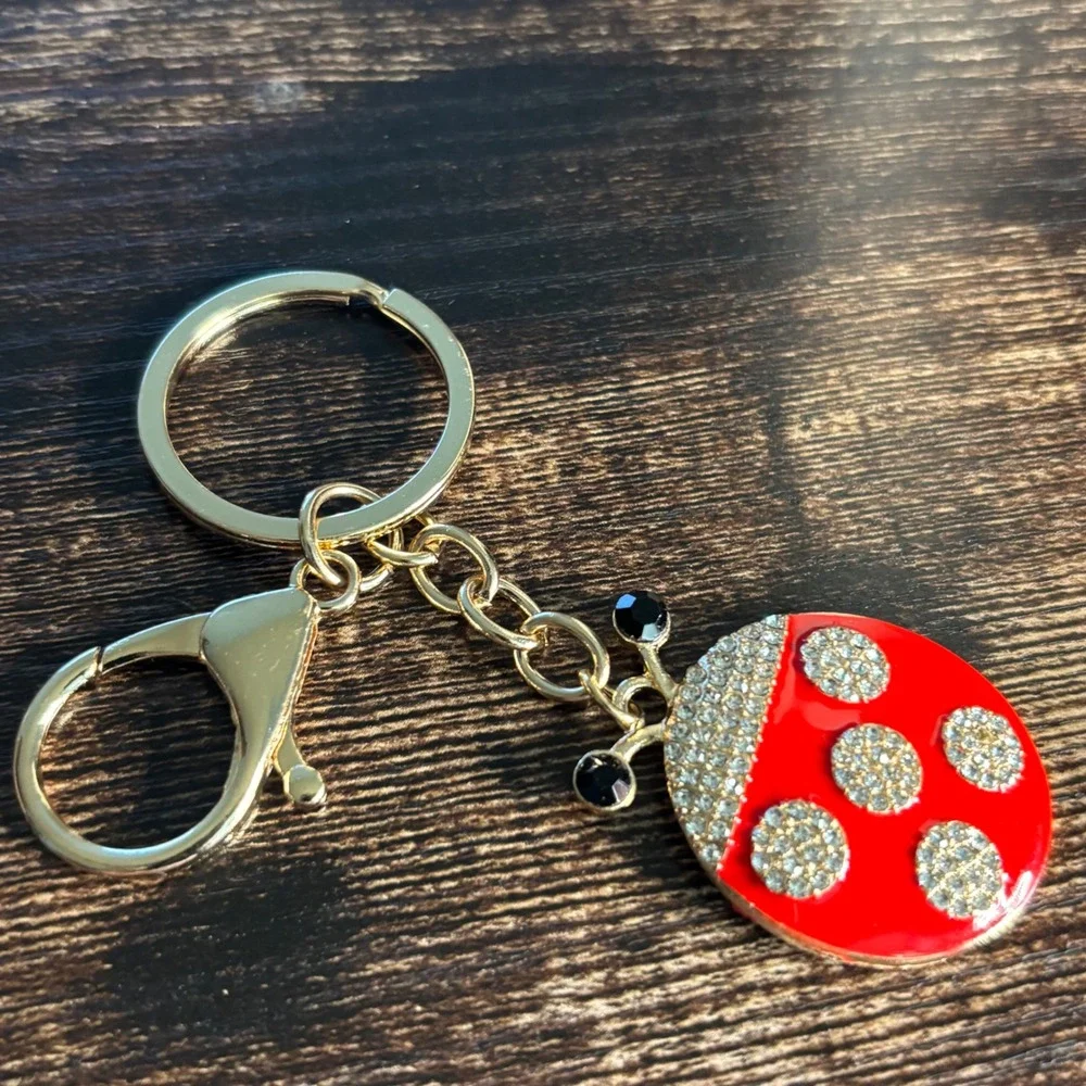 Gold Tone Red Enamel Rhinestone Ladybug Keychain Bag Charm